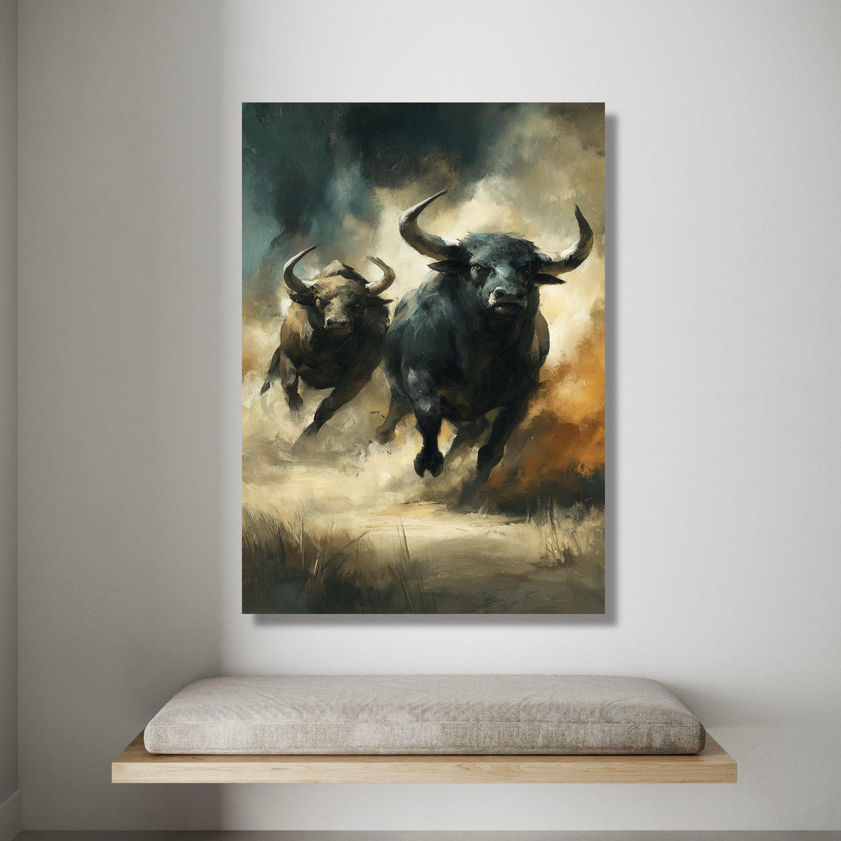Charging Bulls Canvas Wall Art, Wild Animal Painting, Energetic Bull Artwork, Rustic Nature Canvas, Home Decor Wall Hanging Canvas Print Art
