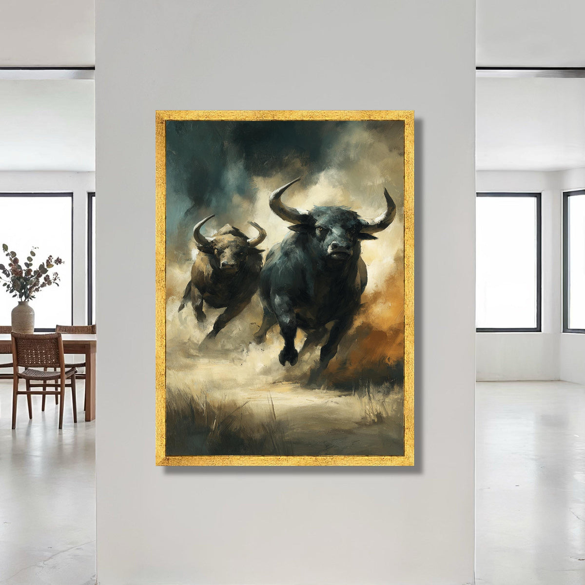 Charging Bulls Canvas Wall Art, Wild Animal Painting, Energetic Bull Artwork, Rustic Nature Canvas, Home Decor Wall Hanging Canvas Print Art