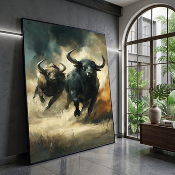 Charging Bulls Canvas Wall Art, Wild Animal Painting, Energetic Bull Artwork, Rustic Nature Canvas, Home Decor Wall Hanging Canvas Print Art