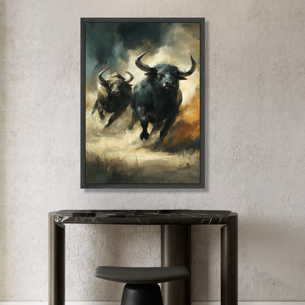 Charging Bulls Canvas Wall Art, Wild Animal Painting, Energetic Bull Artwork, Rustic Nature Canvas, Home Decor Wall Hanging Canvas Print Art