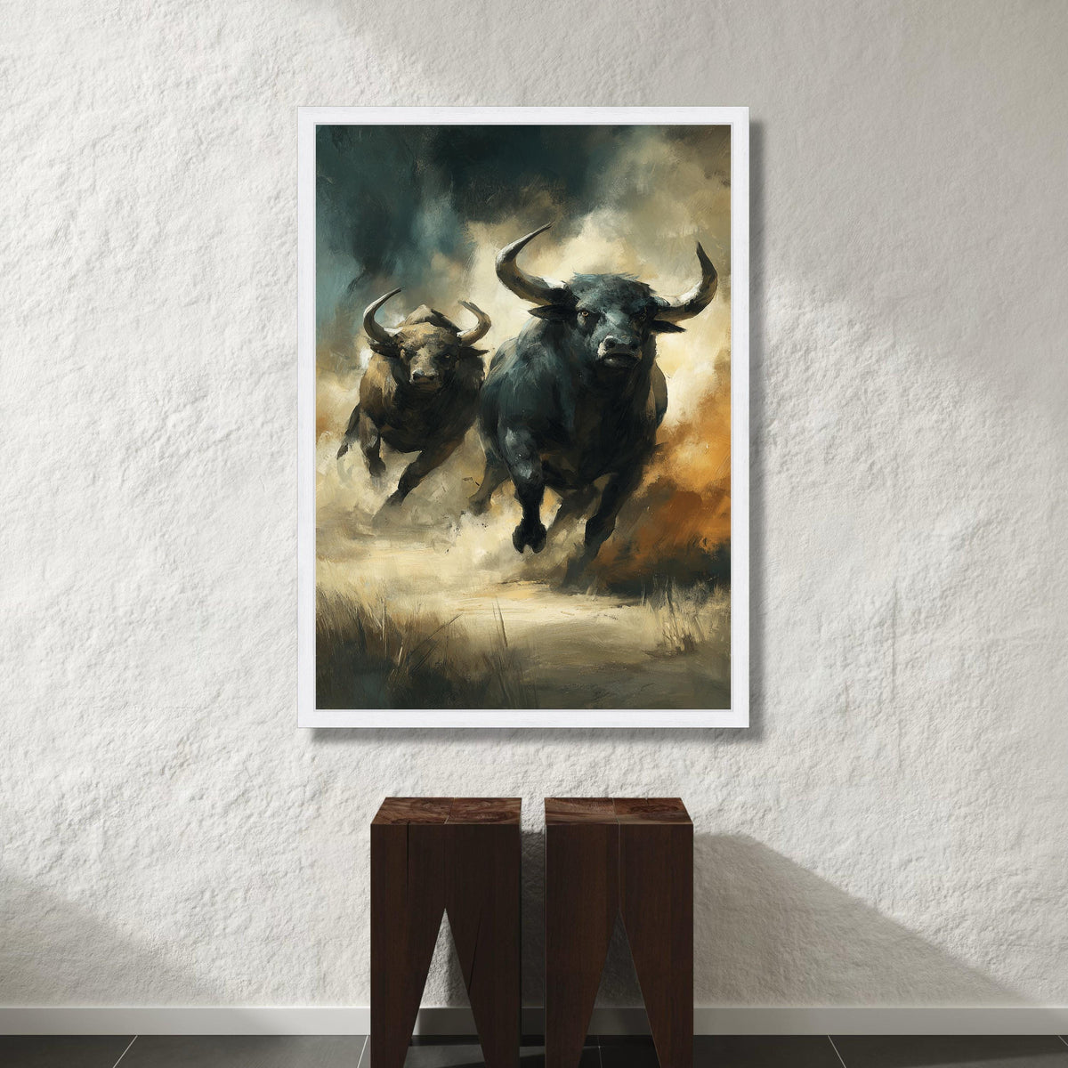 Charging Bulls Canvas Wall Art, Wild Animal Painting, Energetic Bull Artwork, Rustic Nature Canvas, Home Decor Wall Hanging Canvas Print Art