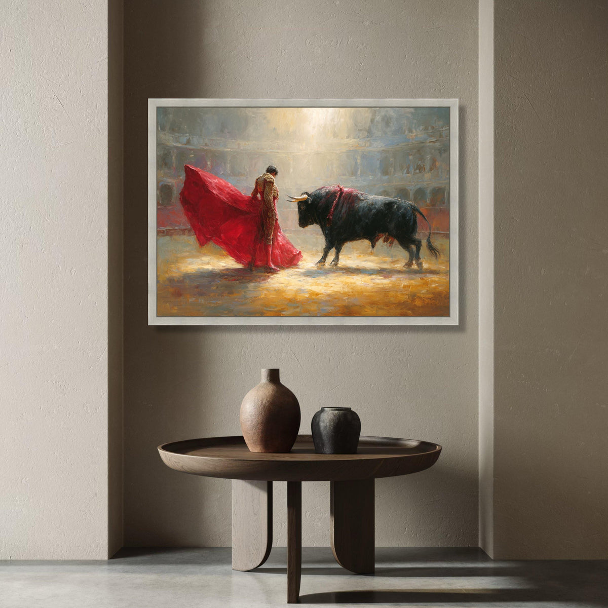 Dramatic Bullfight Scene Canvas, Matador Red Cape Wall Art, Spanish Tradition Canvas, Vibrant Arena Painting, Home Decor Canvas Print Art