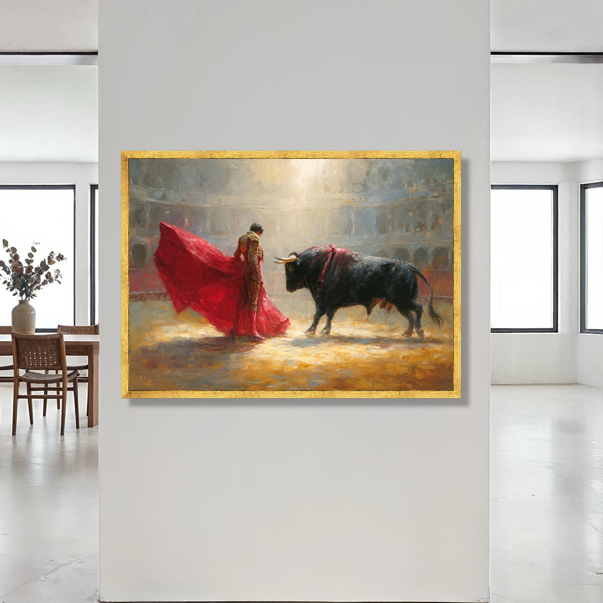 Dramatic Bullfight Scene Canvas, Matador Red Cape Wall Art, Spanish Tradition Canvas, Vibrant Arena Painting, Home Decor Canvas Print Art