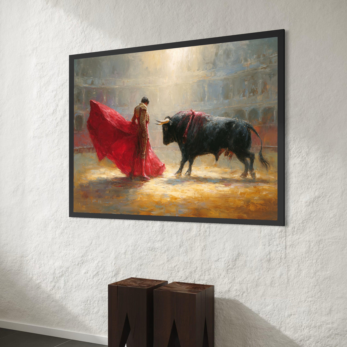 Dramatic Bullfight Scene Canvas, Matador Red Cape Wall Art, Spanish Tradition Canvas, Vibrant Arena Painting, Home Decor Canvas Print Art