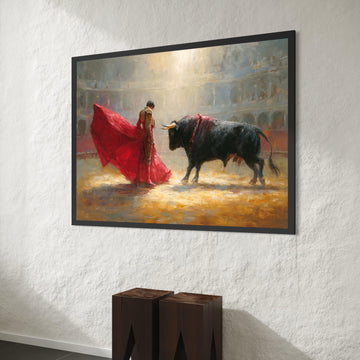 Dramatic Bullfight Scene Canvas, Matador Red Cape Wall Art, Spanish Tradition Canvas, Vibrant Arena Painting, Home Decor Canvas Print Art