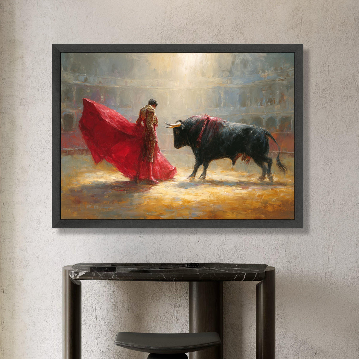 Dramatic Bullfight Scene Canvas, Matador Red Cape Wall Art, Spanish Tradition Canvas, Vibrant Arena Painting, Home Decor Canvas Print Art