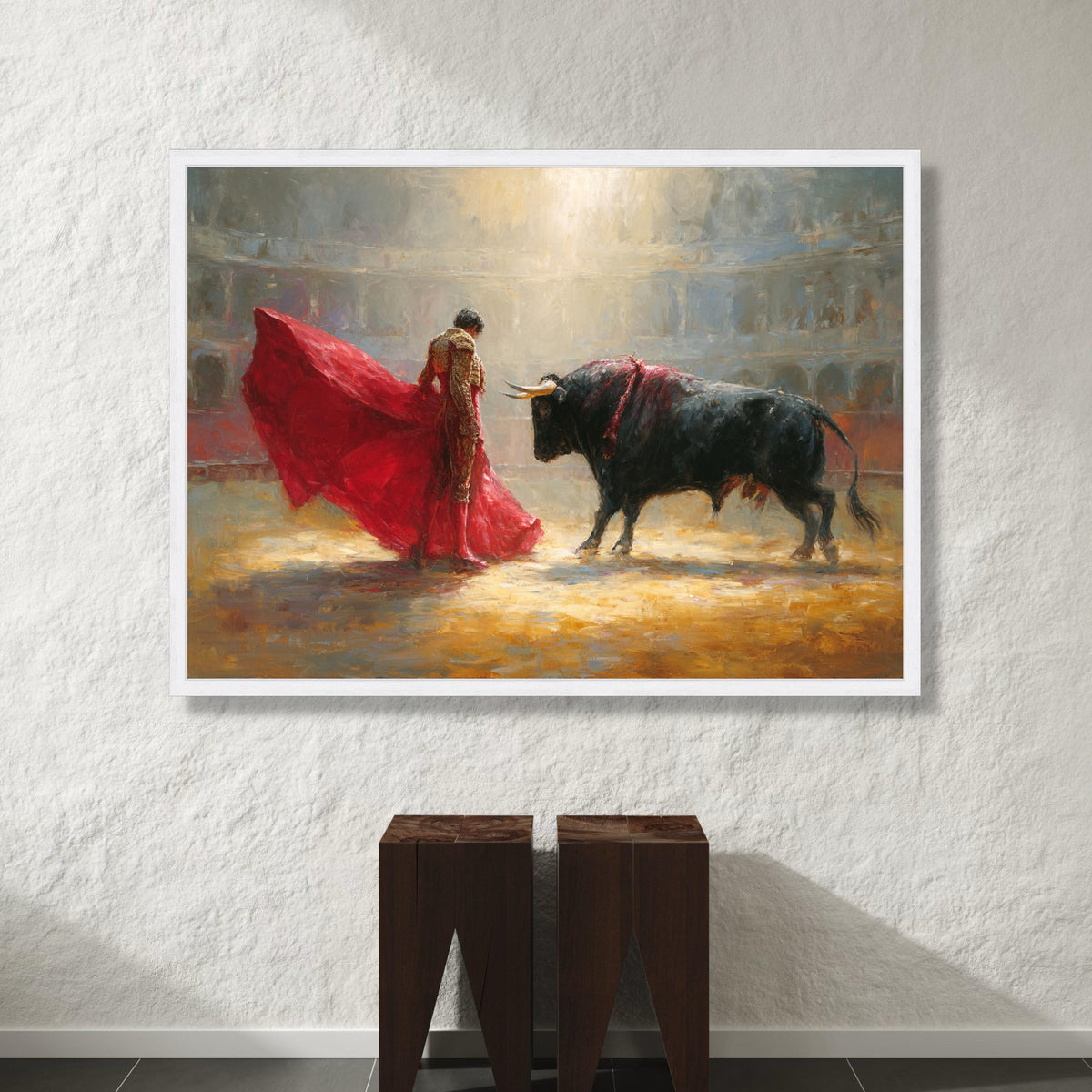 Dramatic Bullfight Scene Canvas, Matador Red Cape Wall Art, Spanish Tradition Canvas, Vibrant Arena Painting, Home Decor Canvas Print Art