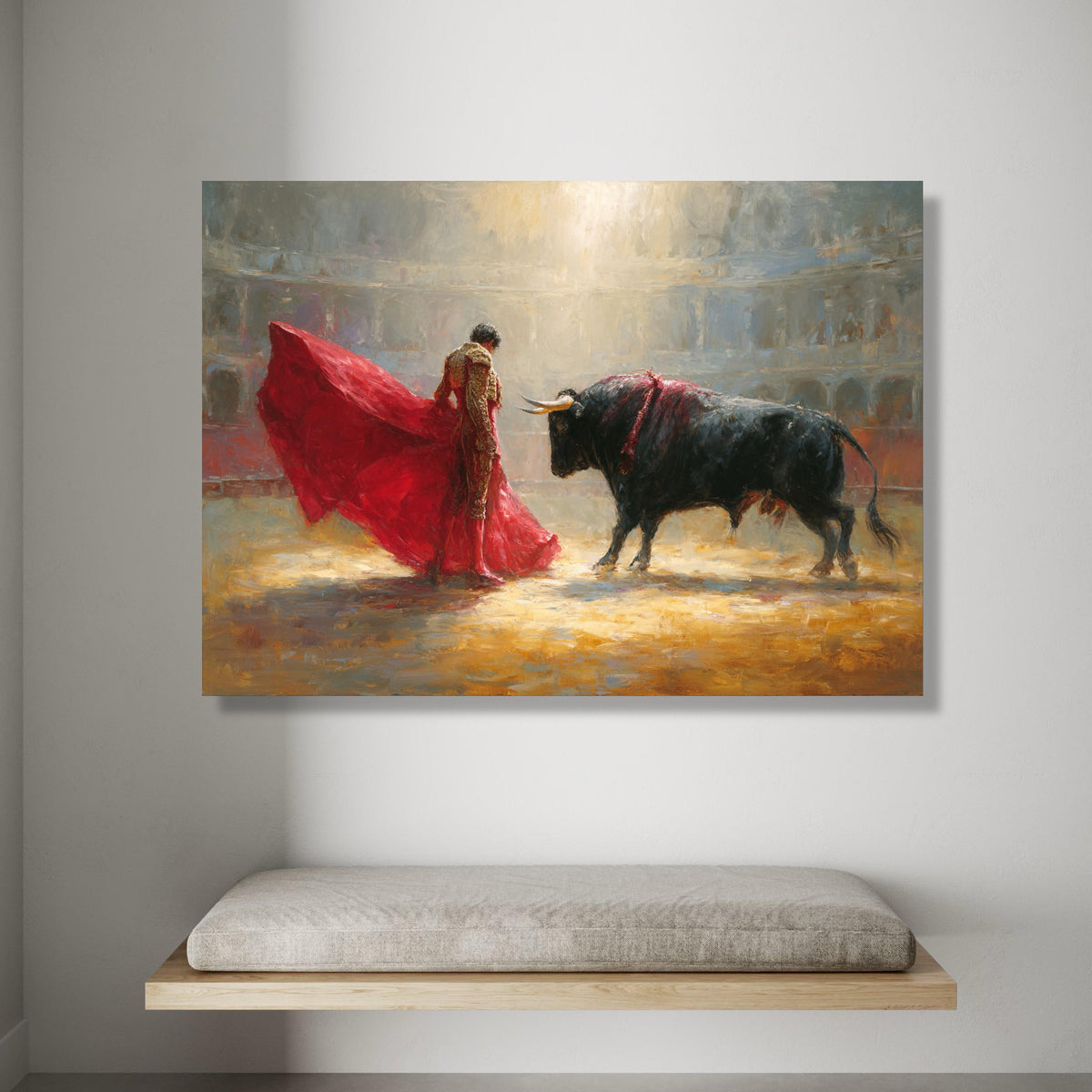 Dramatic Bullfight Scene Canvas, Matador Red Cape Wall Art, Spanish Tradition Canvas, Vibrant Arena Painting, Home Decor Canvas Print Art