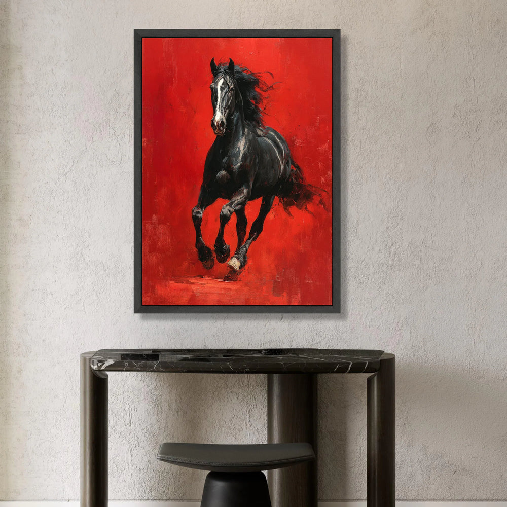 Powerful Black Horse Canvas Wall Art, Galloping Stallion Painting, Dynamic Animal Artwork, Vibrant Red Background, Canvas Print Art