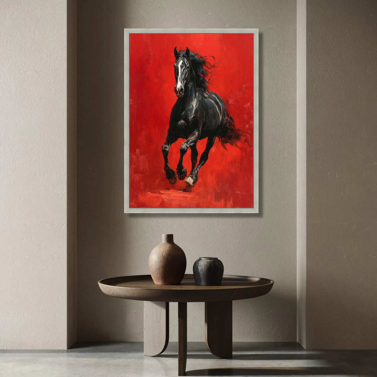 Powerful Black Horse Canvas Wall Art, Galloping Stallion Painting, Dynamic Animal Artwork, Vibrant Red Background, Canvas Print Art