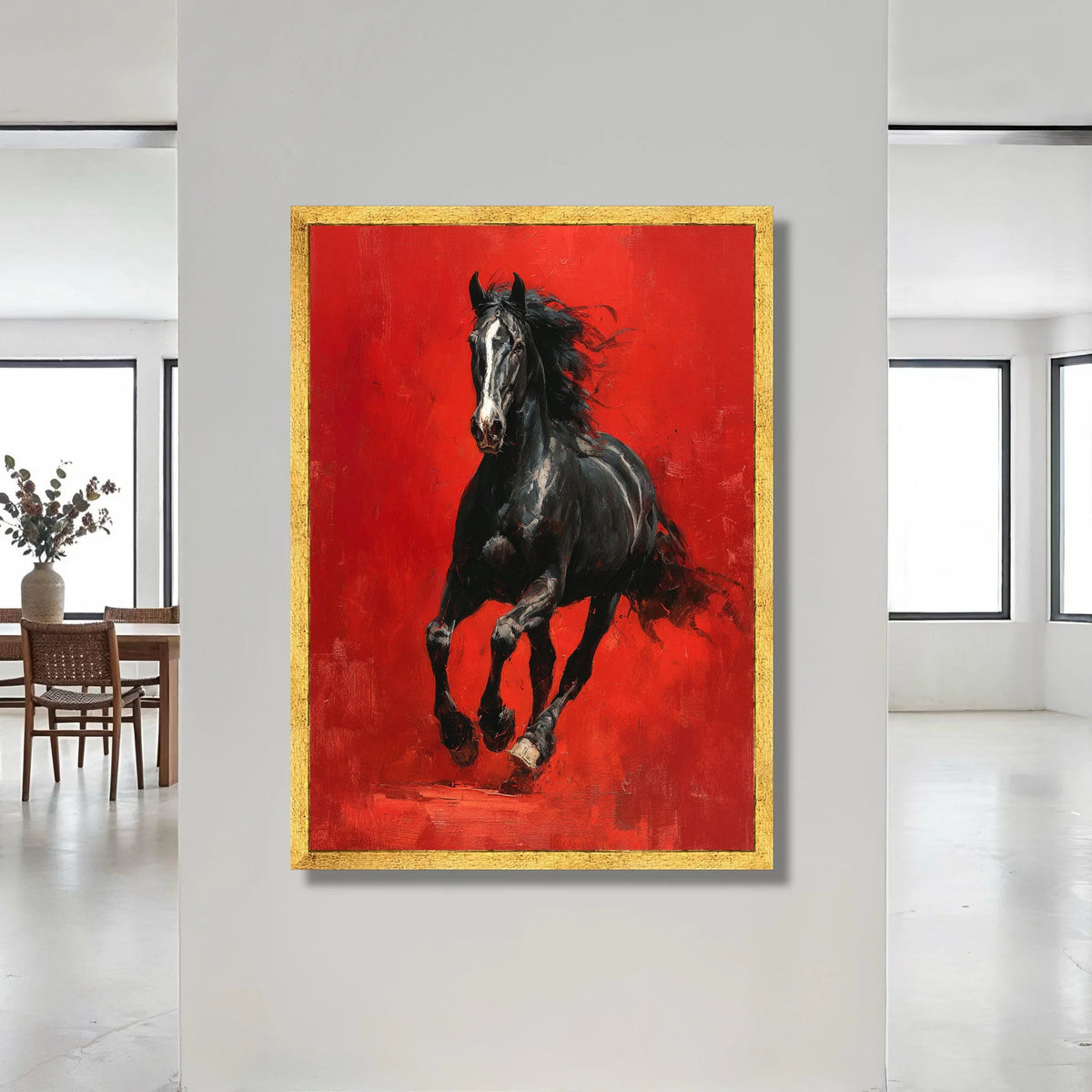 Powerful Black Horse Canvas Wall Art, Galloping Stallion Painting, Dynamic Animal Artwork, Vibrant Red Background, Canvas Print Art
