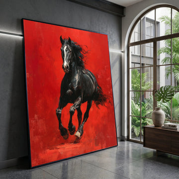 Powerful Black Horse Canvas Wall Art, Galloping Stallion Painting, Dynamic Animal Artwork, Vibrant Red Background, Canvas Print Art