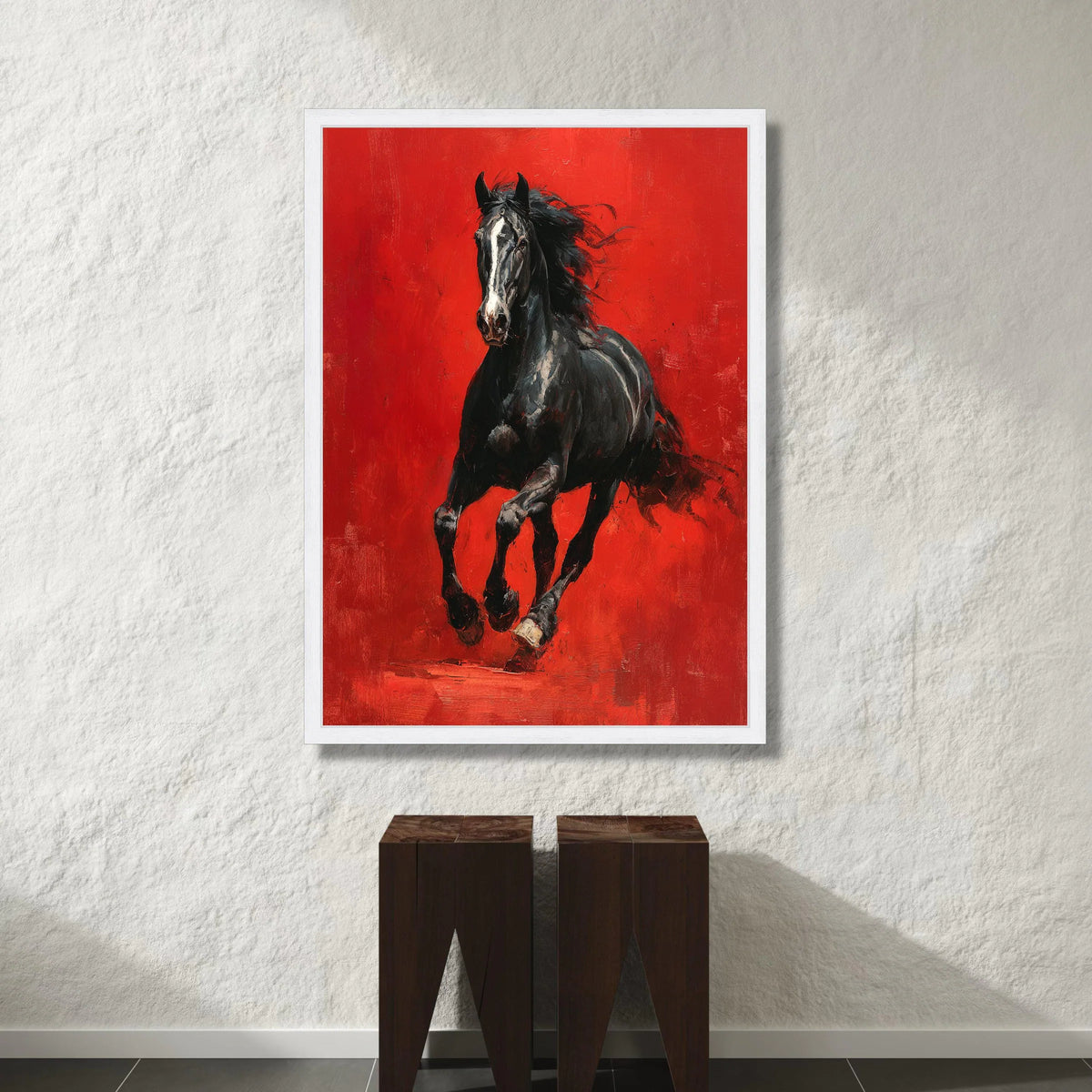 Powerful Black Horse Canvas Wall Art, Galloping Stallion Painting, Dynamic Animal Artwork, Vibrant Red Background, Canvas Print Art