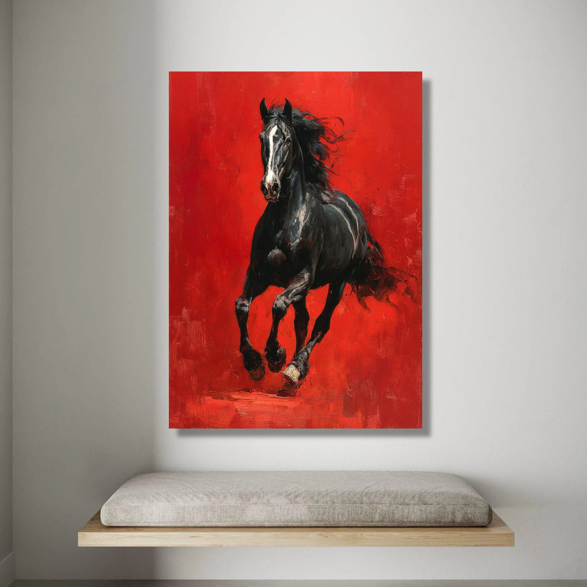 Powerful Black Horse Canvas Wall Art, Galloping Stallion Painting, Dynamic Animal Artwork, Vibrant Red Background, Canvas Print Art