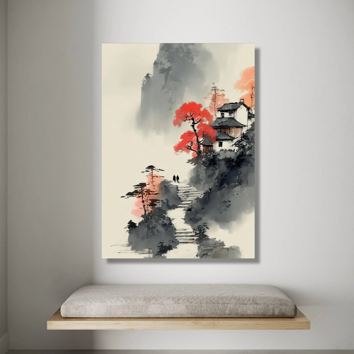 Tranquil Mountain Path, Asian Landscape Canvas, Red Maple Tree Art, Traditional House Scene, Misty Nature Wall Decor Canvas Print Art
