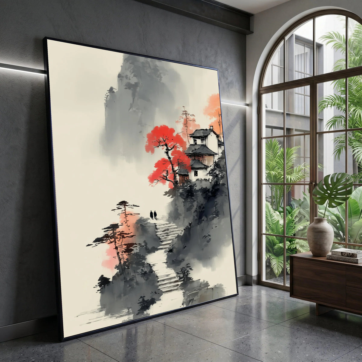 Tranquil Mountain Path, Asian Landscape Canvas, Red Maple Tree Art, Traditional House Scene, Misty Nature Wall Decor Canvas Print Art
