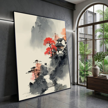 Tranquil Mountain Path, Asian Landscape Canvas, Red Maple Tree Art, Traditional House Scene, Misty Nature Wall Decor Canvas Print Art