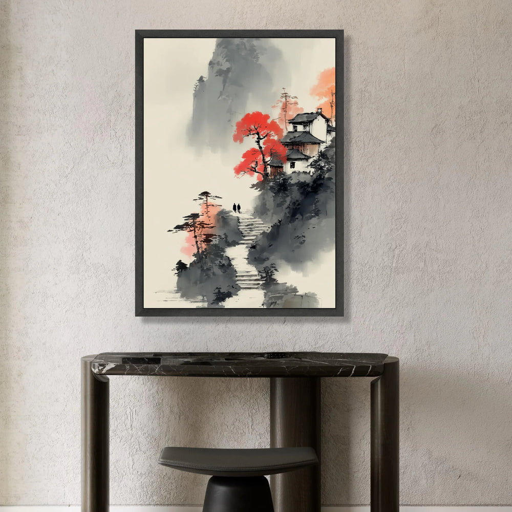 Tranquil Mountain Path, Asian Landscape Canvas, Red Maple Tree Art, Traditional House Scene, Misty Nature Wall Decor Canvas Print Art
