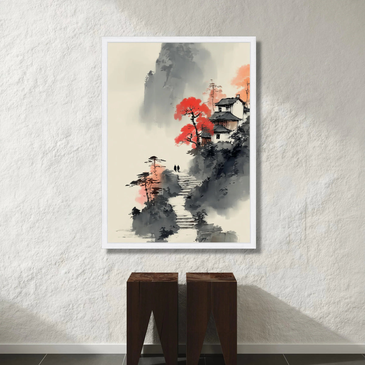 Tranquil Mountain Path, Asian Landscape Canvas, Red Maple Tree Art, Traditional House Scene, Misty Nature Wall Decor Canvas Print Art