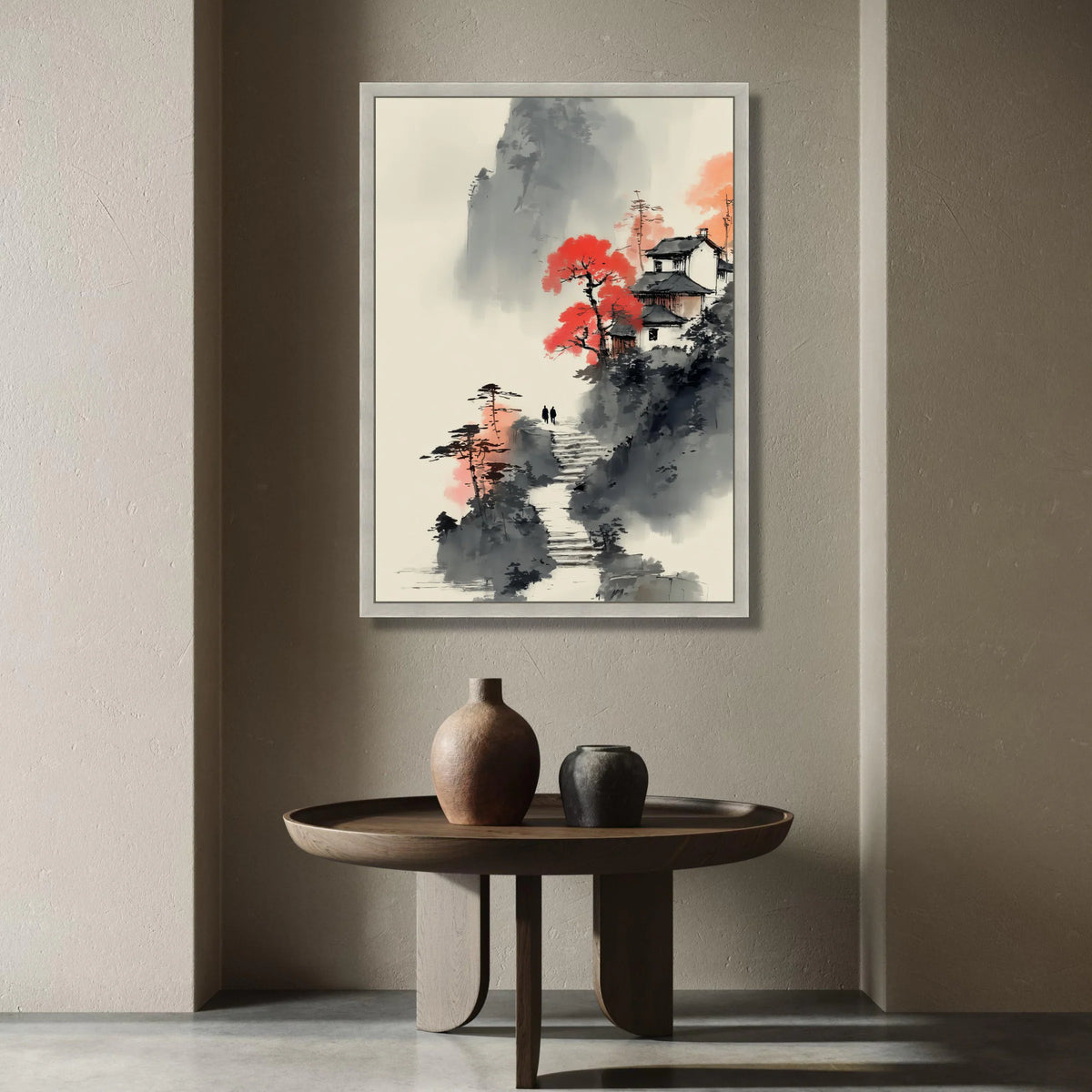 Tranquil Mountain Path, Asian Landscape Canvas, Red Maple Tree Art, Traditional House Scene, Misty Nature Wall Decor Canvas Print Art