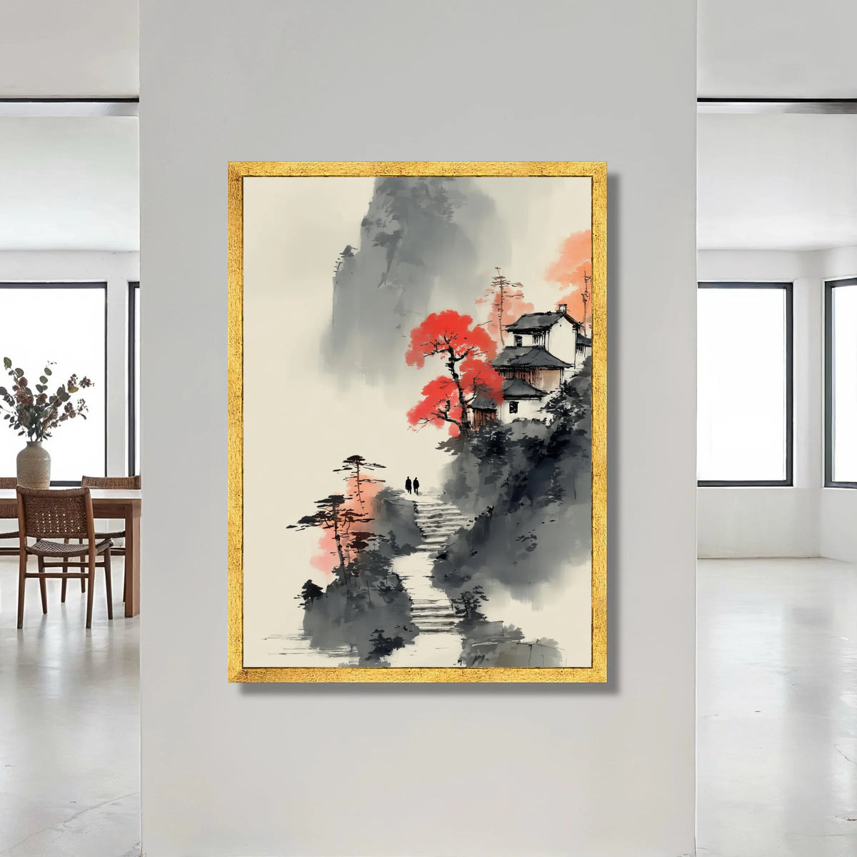 Tranquil Mountain Path, Asian Landscape Canvas, Red Maple Tree Art, Traditional House Scene, Misty Nature Wall Decor Canvas Print Art