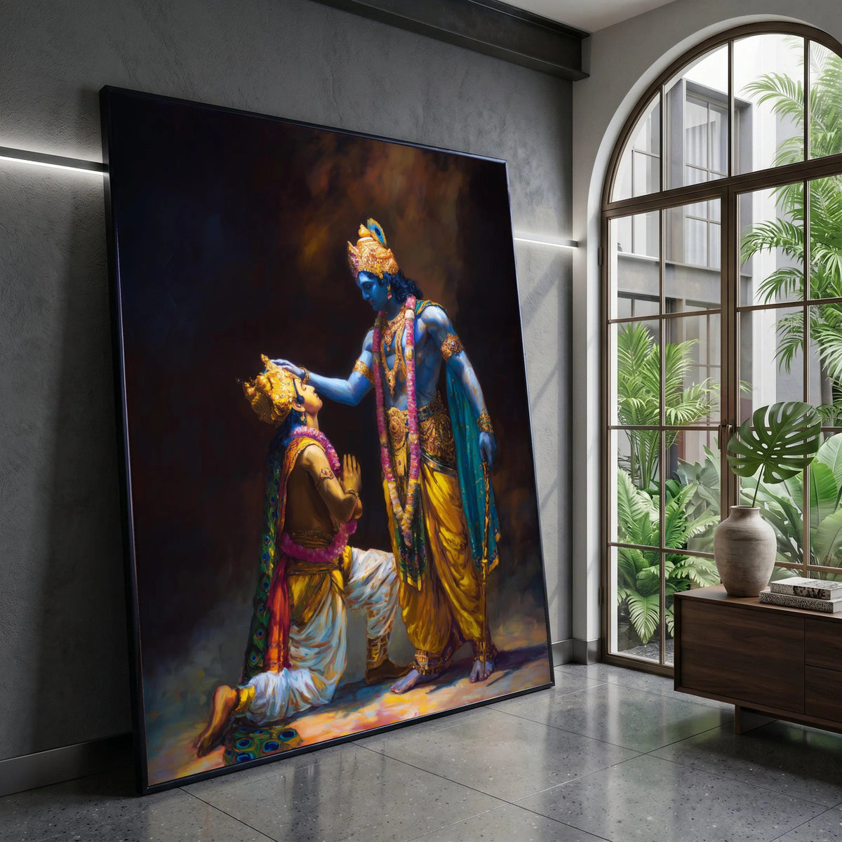 Divine Blessing Scene Canvas, Hindu Mythology Art, Krishna and Arjuna Canvas, Spiritual Wall Art, Indian Epic Illustration, Canvas Print Art