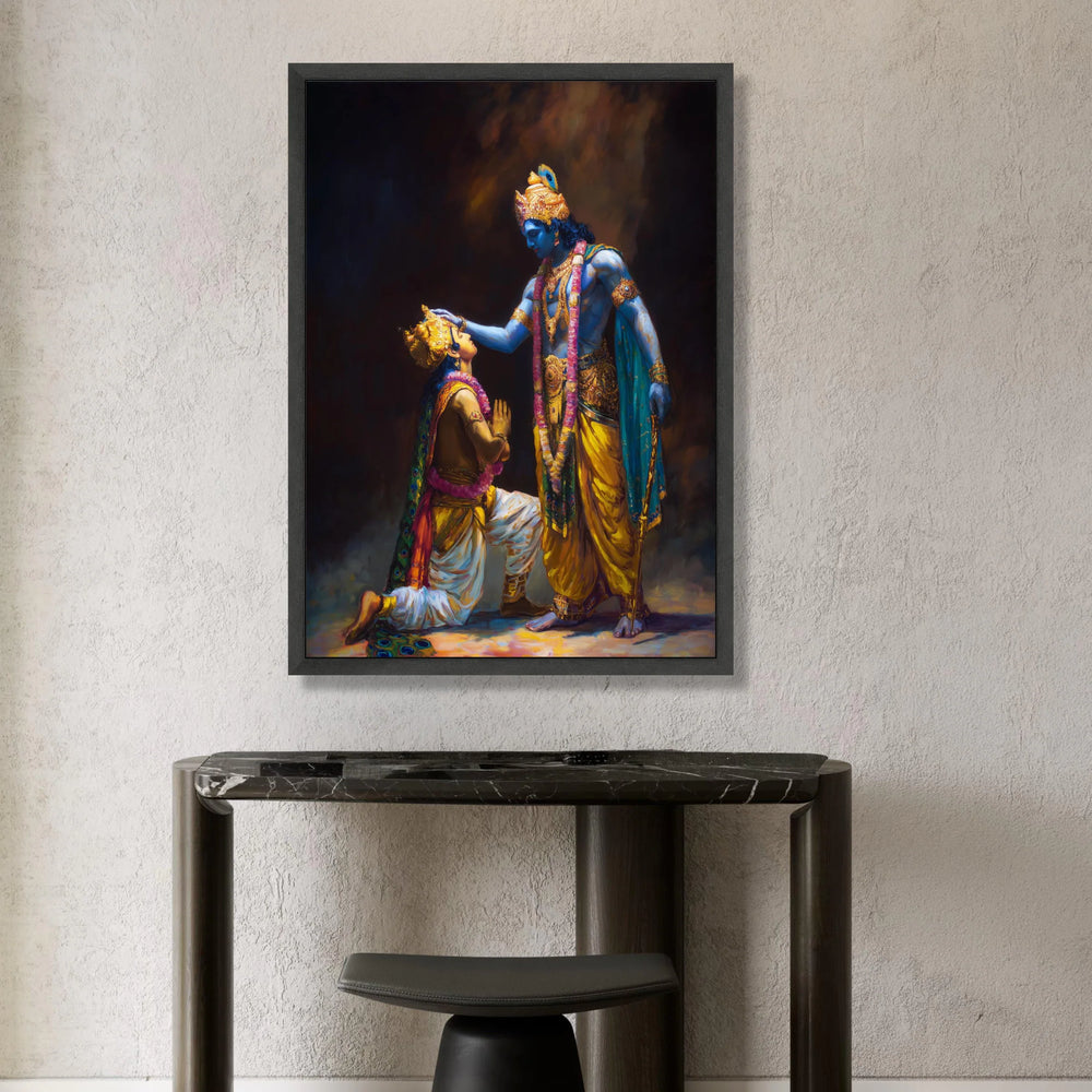 Divine Blessing Scene Canvas, Hindu Mythology Art, Krishna and Arjuna Canvas, Spiritual Wall Art, Indian Epic Illustration, Canvas Print Art
