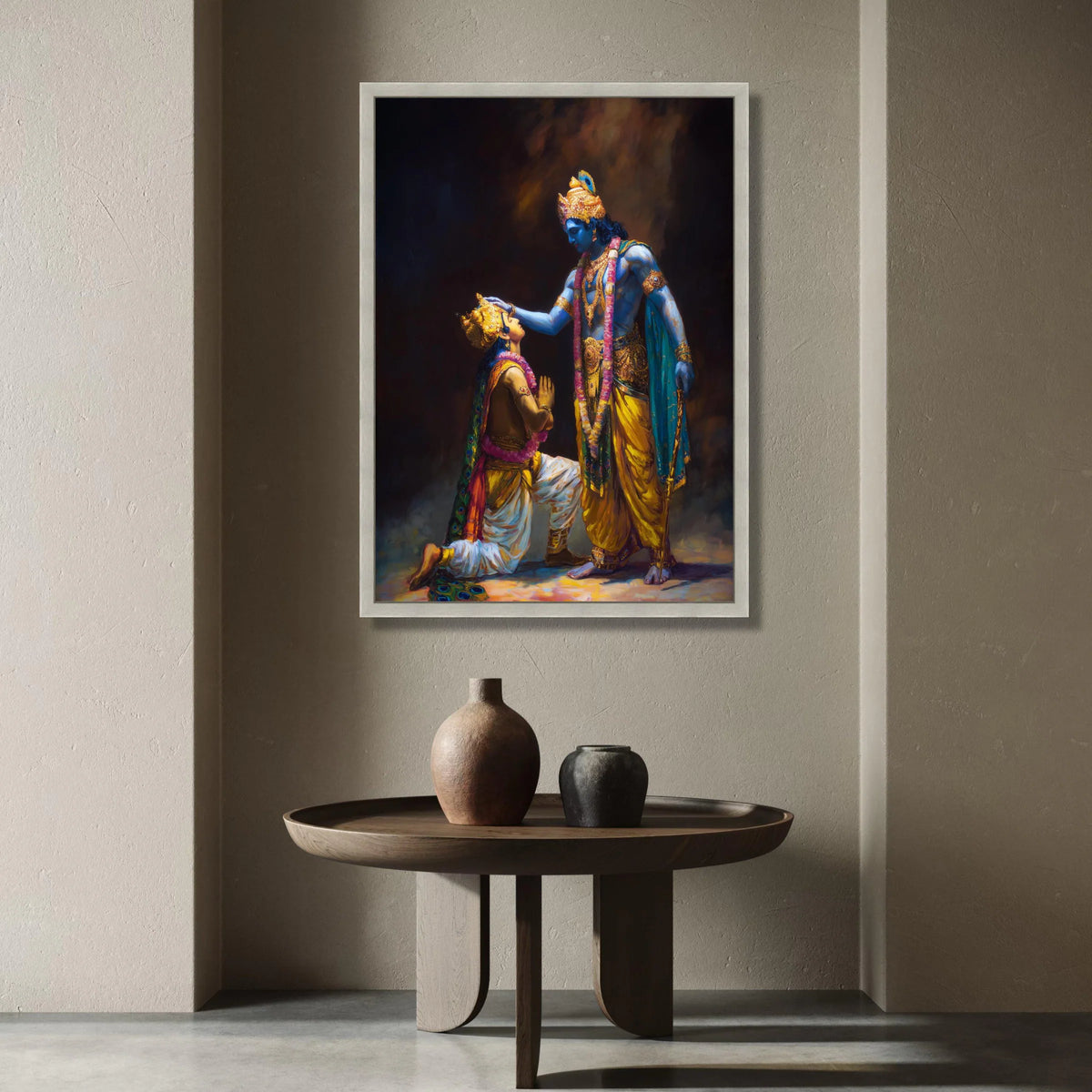 Divine Blessing Scene Canvas, Hindu Mythology Art, Krishna and Arjuna Canvas, Spiritual Wall Art, Indian Epic Illustration, Canvas Print Art