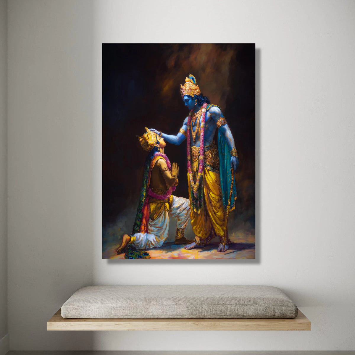 Divine Blessing Scene Canvas, Hindu Mythology Art, Krishna and Arjuna Canvas, Spiritual Wall Art, Indian Epic Illustration, Canvas Print Art