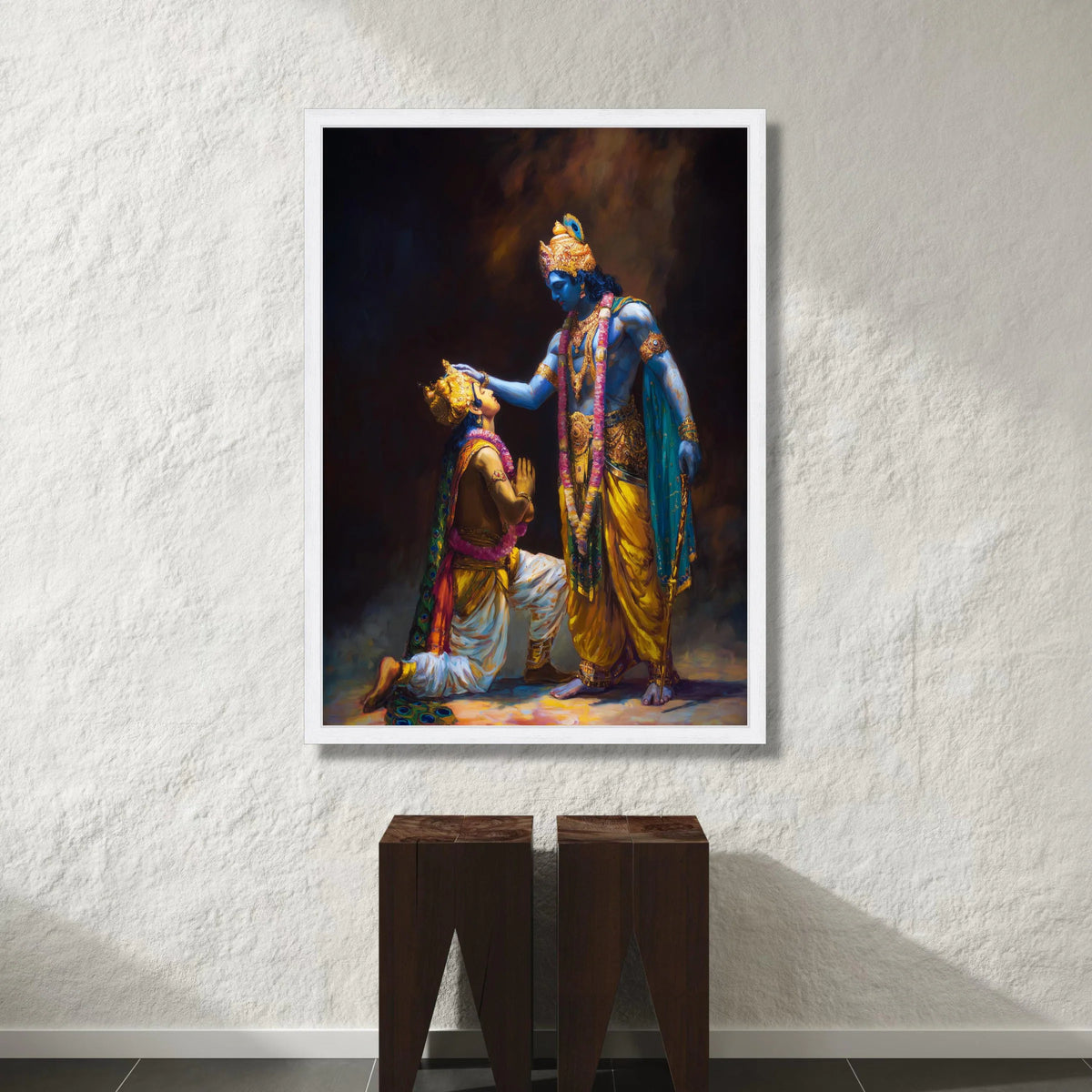 Divine Blessing Scene Canvas, Hindu Mythology Art, Krishna and Arjuna Canvas, Spiritual Wall Art, Indian Epic Illustration, Canvas Print Art