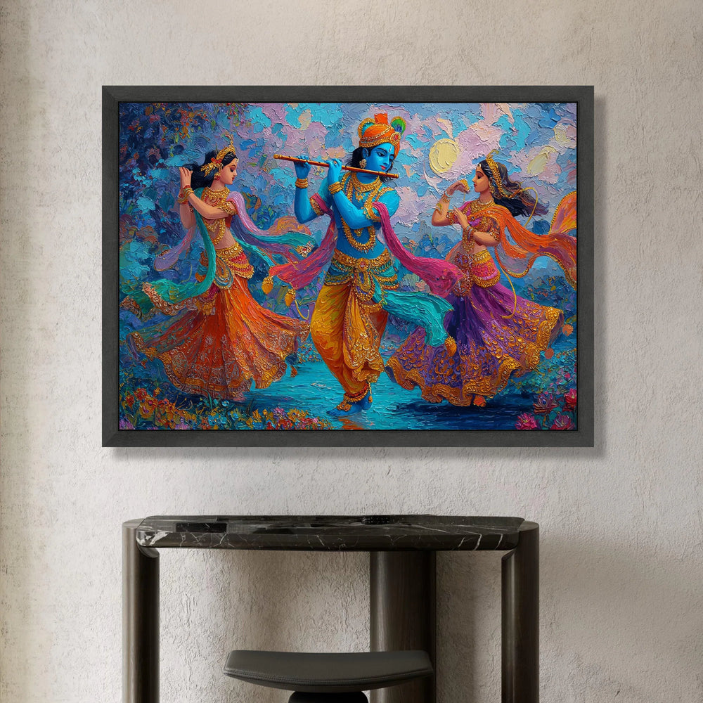 Vibrant Radha Krishna Dance Scene Canvas, Colorful Indian Mythology Art, Blue Krishna Flute Painting, Traditional Dance Canvas Print Art