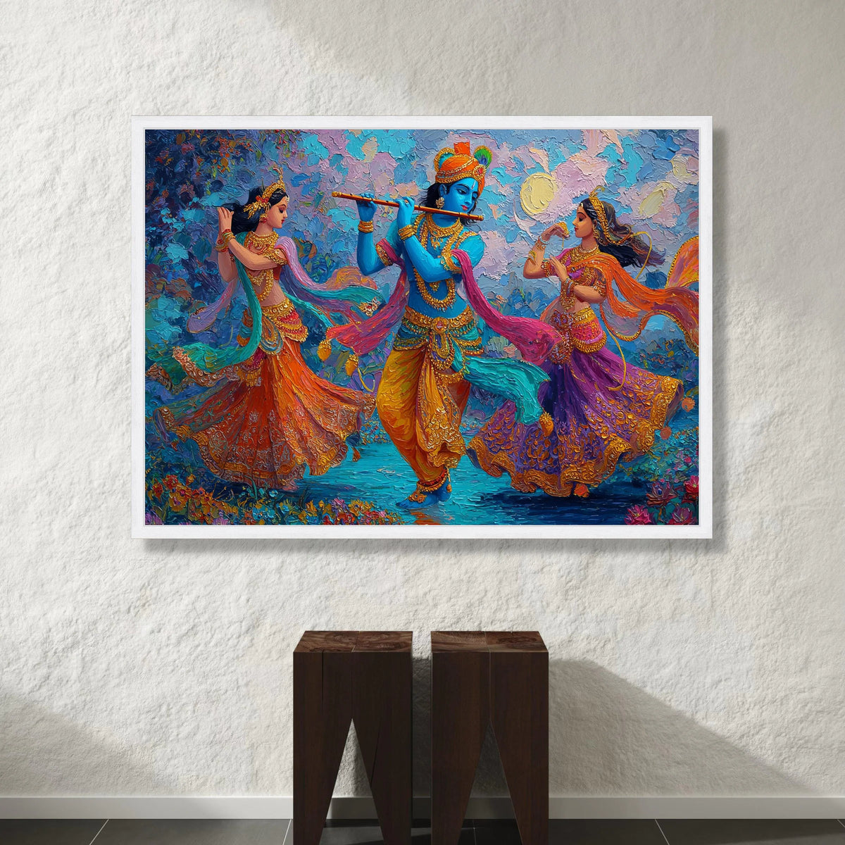Vibrant Radha Krishna Dance Scene Canvas, Colorful Indian Mythology Art, Blue Krishna Flute Painting, Traditional Dance Canvas Print Art