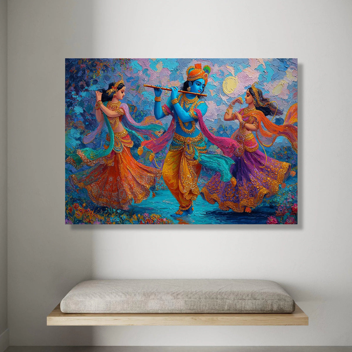 Vibrant Radha Krishna Dance Scene Canvas, Colorful Indian Mythology Art, Blue Krishna Flute Painting, Traditional Dance Canvas Print Art