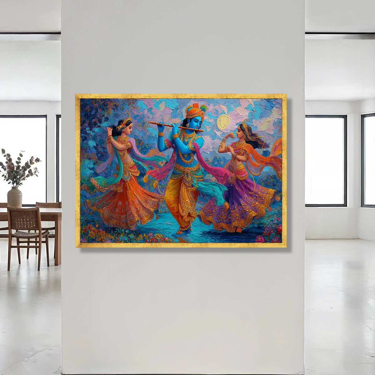 Vibrant Radha Krishna Dance Scene Canvas, Colorful Indian Mythology Art, Blue Krishna Flute Painting, Traditional Dance Canvas Print Art