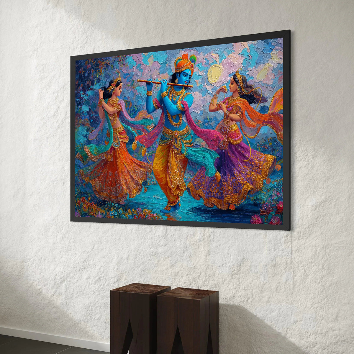 Vibrant Radha Krishna Dance Scene Canvas, Colorful Indian Mythology Art, Blue Krishna Flute Painting, Traditional Dance Canvas Print Art
