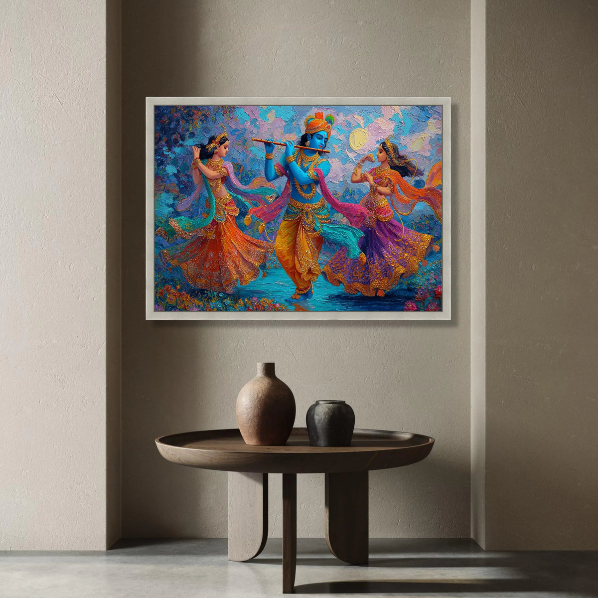 Vibrant Radha Krishna Dance Scene Canvas, Colorful Indian Mythology Art, Blue Krishna Flute Painting, Traditional Dance Canvas Print Art
