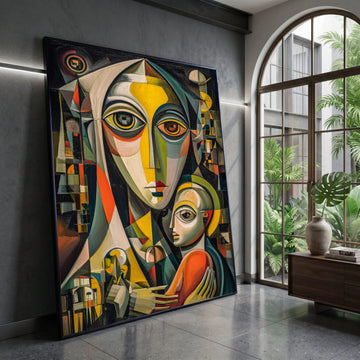 Abstract Cubist Mother and Child Canvas, Modern Geometric Portrait Wall Art, Colorful Figurative Artwork, Home Decor Canvas Canvas Print Art