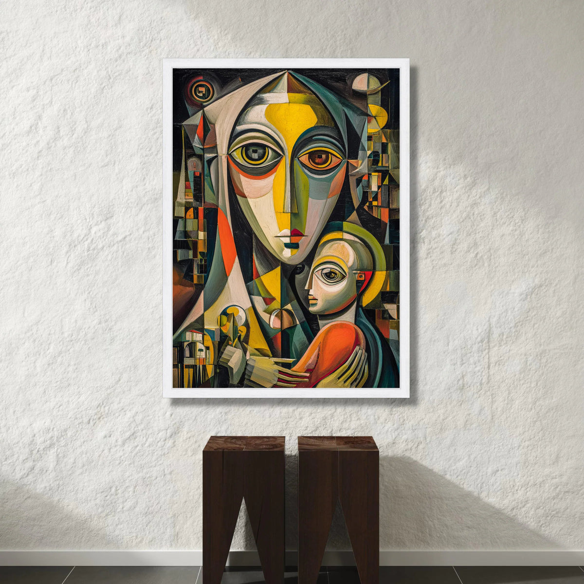 Abstract Cubist Mother and Child Canvas, Modern Geometric Portrait Wall Art, Colorful Figurative Artwork, Home Decor Canvas Canvas Print Art