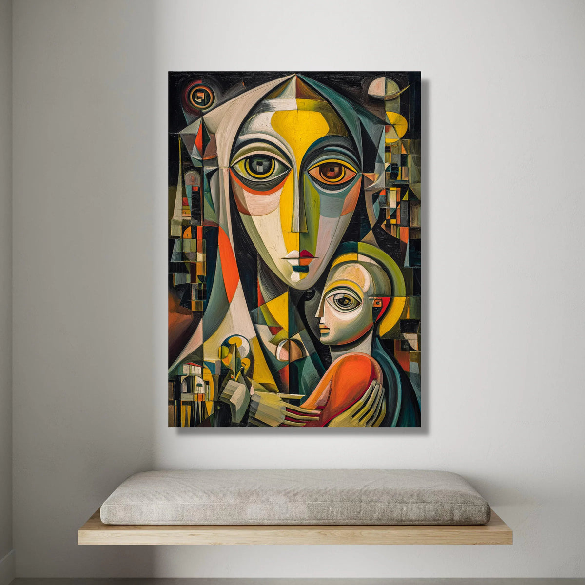 Abstract Cubist Mother and Child Canvas, Modern Geometric Portrait Wall Art, Colorful Figurative Artwork, Home Decor Canvas Canvas Print Art