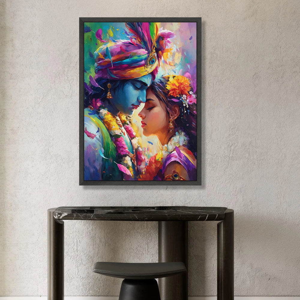 Romantic Indian Couple Canvas, Vibrant Colorful Portrait, Traditional Love Scene Canvas, Floral Crown Wall Art, Spiritual Canvas Print Art