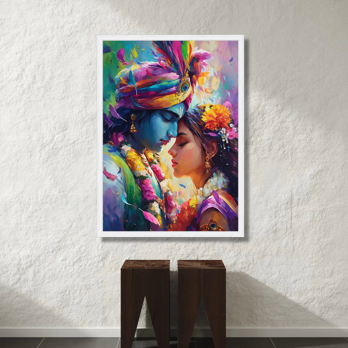 Romantic Indian Couple Canvas, Vibrant Colorful Portrait, Traditional Love Scene Canvas, Floral Crown Wall Art, Spiritual Canvas Print Art