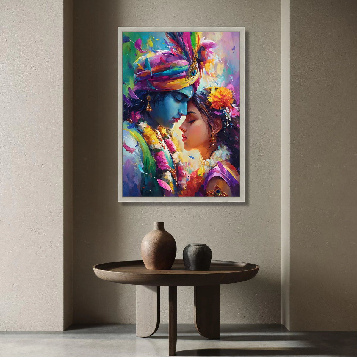 Romantic Indian Couple Canvas, Vibrant Colorful Portrait, Traditional Love Scene Canvas, Floral Crown Wall Art, Spiritual Canvas Print Art