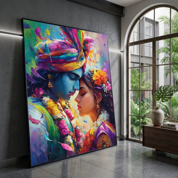 Romantic Indian Couple Canvas, Vibrant Colorful Portrait, Traditional Love Scene Canvas, Floral Crown Wall Art, Spiritual Canvas Print Art