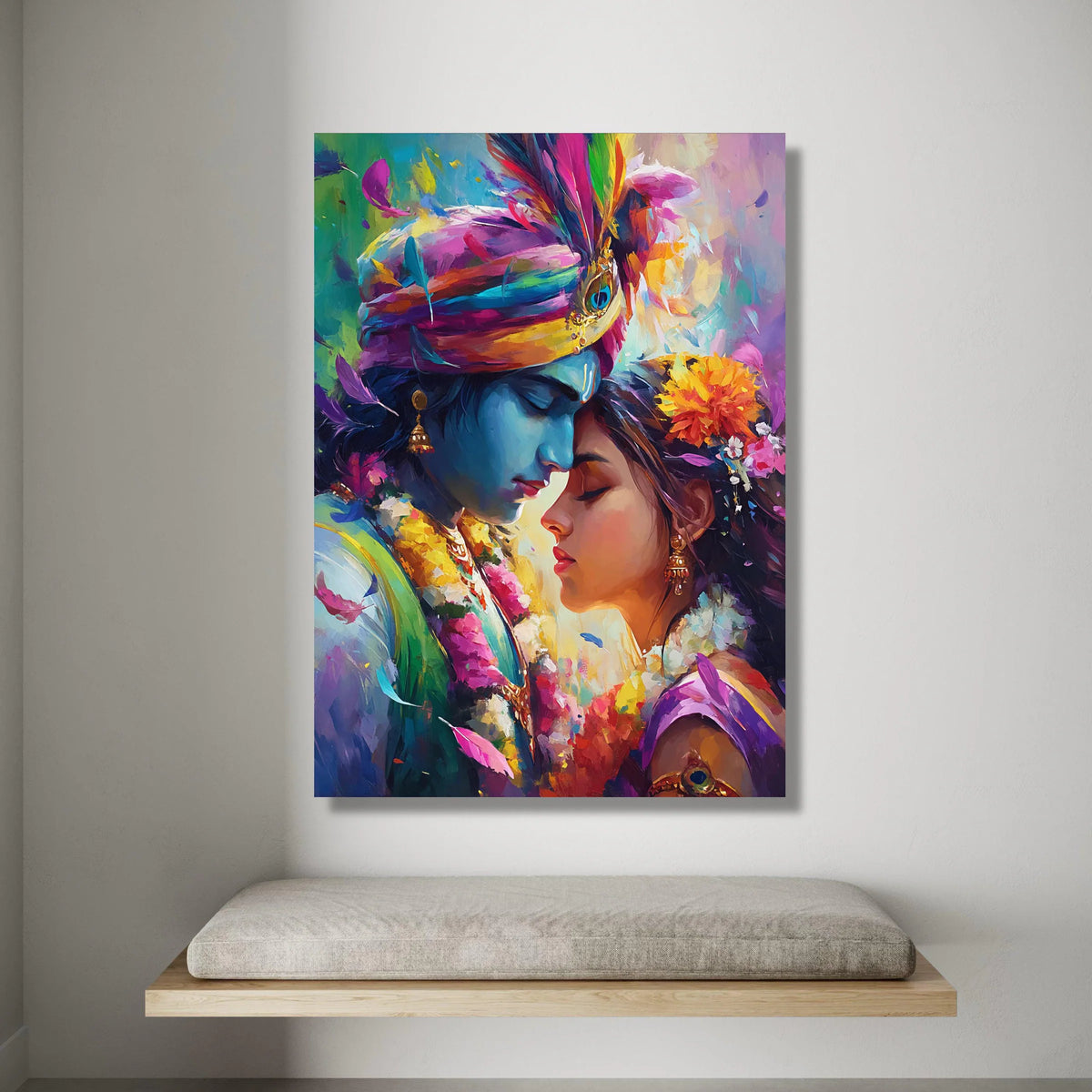 Romantic Indian Couple Canvas, Vibrant Colorful Portrait, Traditional Love Scene Canvas, Floral Crown Wall Art, Spiritual Canvas Print Art