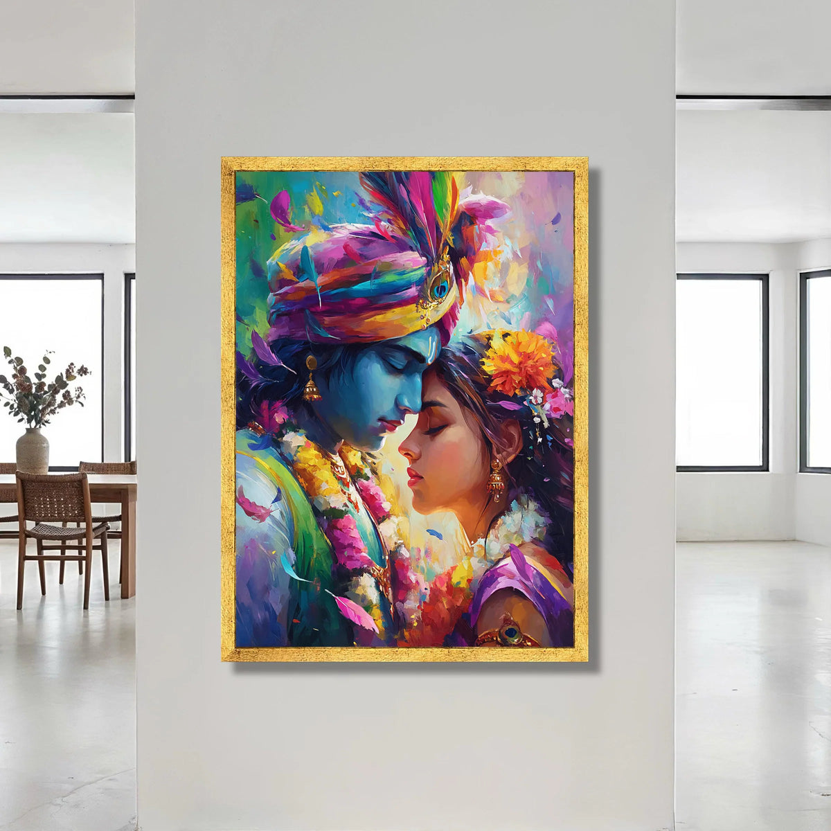 Romantic Indian Couple Canvas, Vibrant Colorful Portrait, Traditional Love Scene Canvas, Floral Crown Wall Art, Spiritual Canvas Print Art