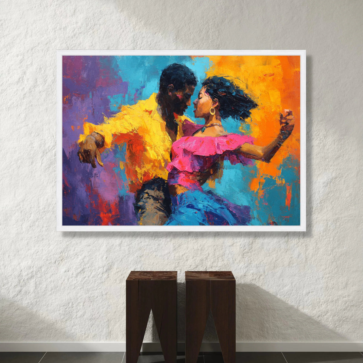 Vibrant Salsa Dance Couple Canvas, Colorful Latin Dance Wall Art, Passionate Movement Painting, Ready to Hang Home Canvas Print Art