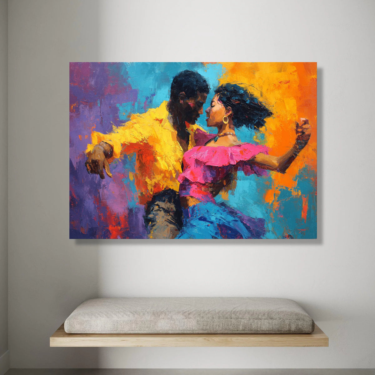 Vibrant Salsa Dance Couple Canvas, Colorful Latin Dance Wall Art, Passionate Movement Painting, Ready to Hang Home Canvas Print Art