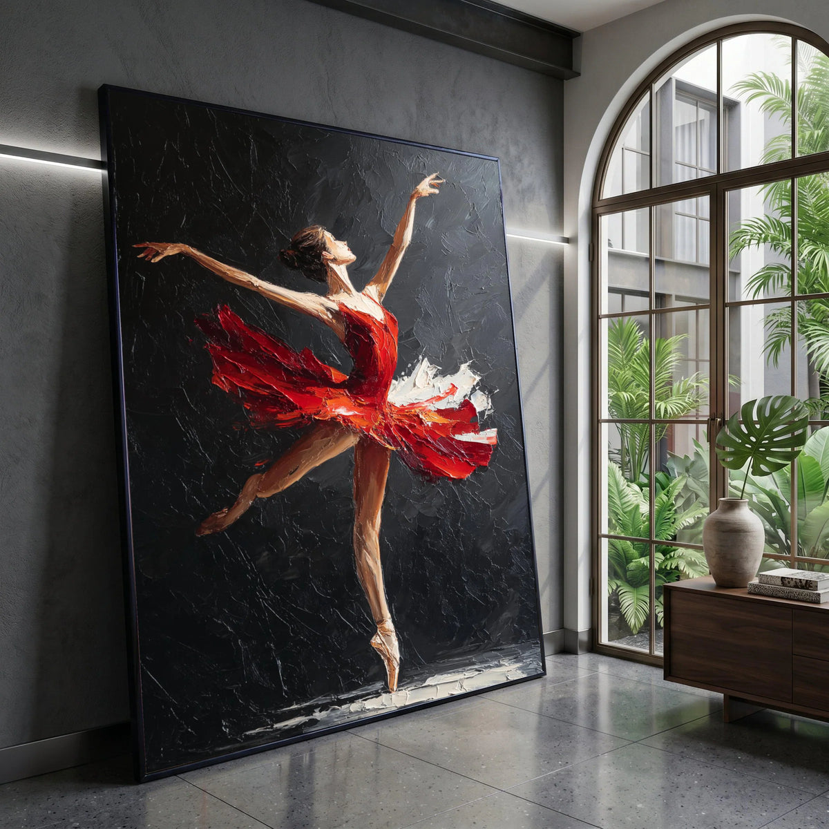 Elegant Ballet Dancer Red Dress Canvas, Modern Figurative Wall Art, Dance Performance Canvas, Graceful Ballet Pose Home Canvas Print Art