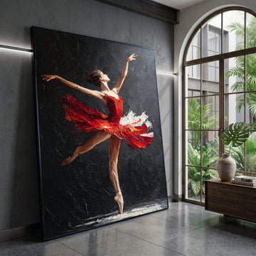 Elegant Ballet Dancer Red Dress Canvas, Modern Figurative Wall Art, Dance Performance Canvas, Graceful Ballet Pose Home Canvas Print Art