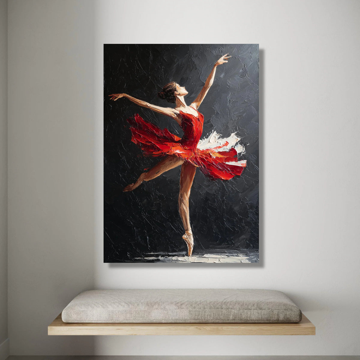 Elegant Ballet Dancer Red Dress Canvas, Modern Figurative Wall Art, Dance Performance Canvas, Graceful Ballet Pose Home Canvas Print Art
